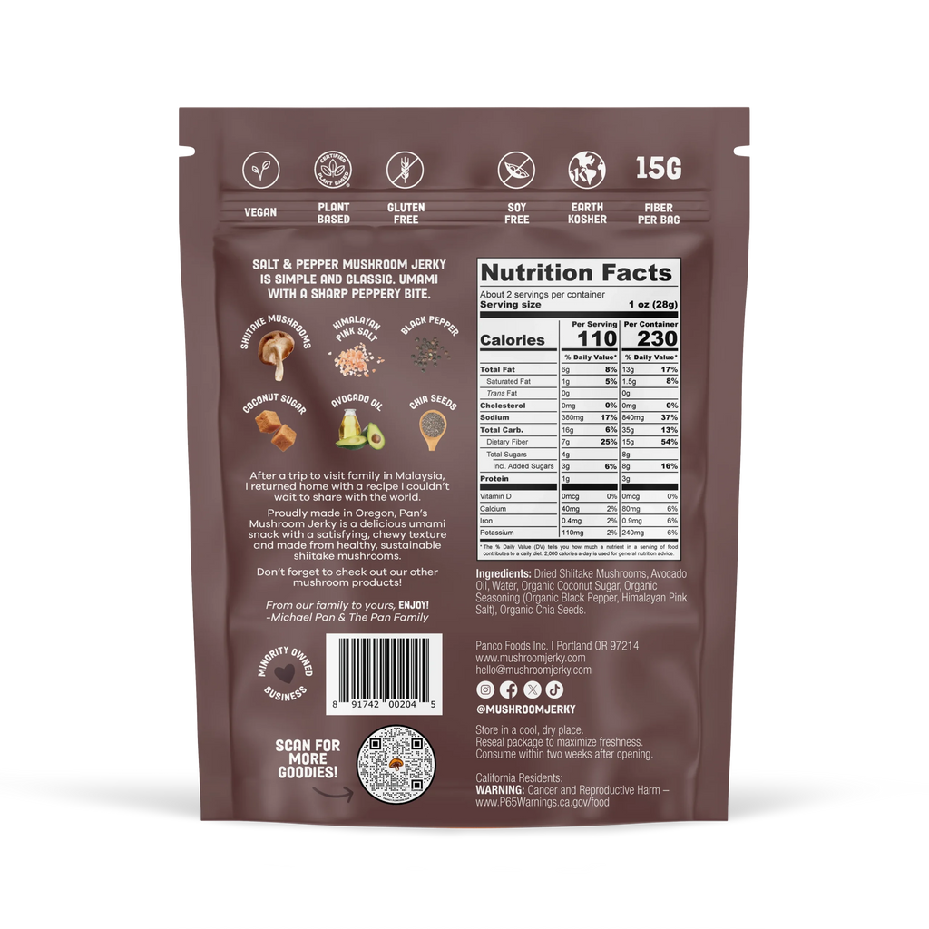 Pan's Mushroom Jerky - Salt &amp; Pepper Mushroom Jerky - Shiitake - 62g - 2 Servings image 6