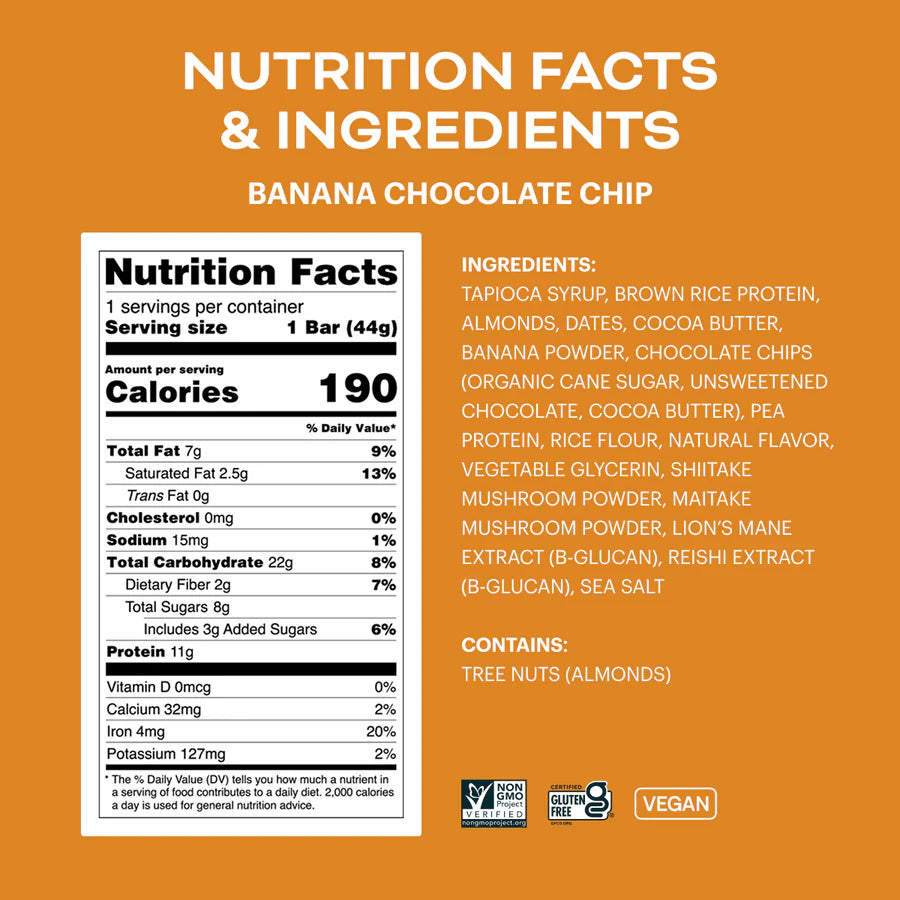 Balanced Tiger - Functional Mushroom Protein Bar - Banana Chocolate Chip - 12ct - 12 Servings