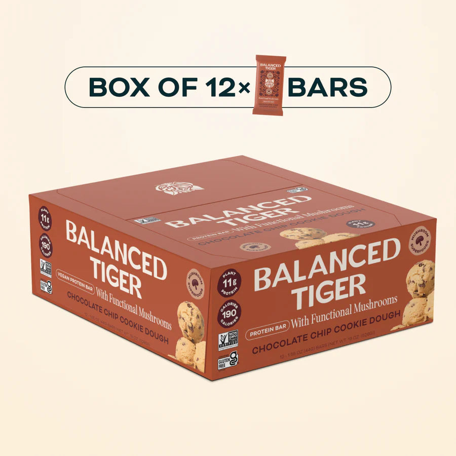 Balanced Tiger – Functional Mushroom Protein Bar – Chocolate Chip Cookie Dough – 12ct – 12 Servings