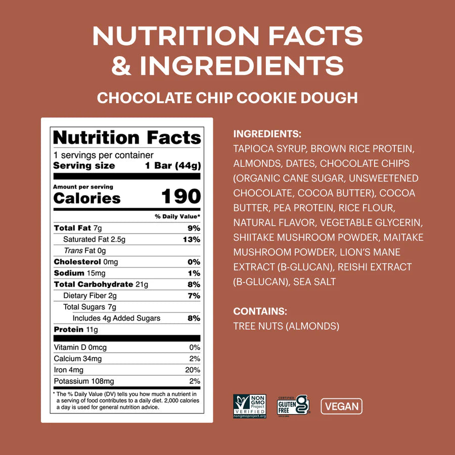 Balanced Tiger – Functional Mushroom Protein Bar – Chocolate Chip Cookie Dough – 12ct – 12 Servings