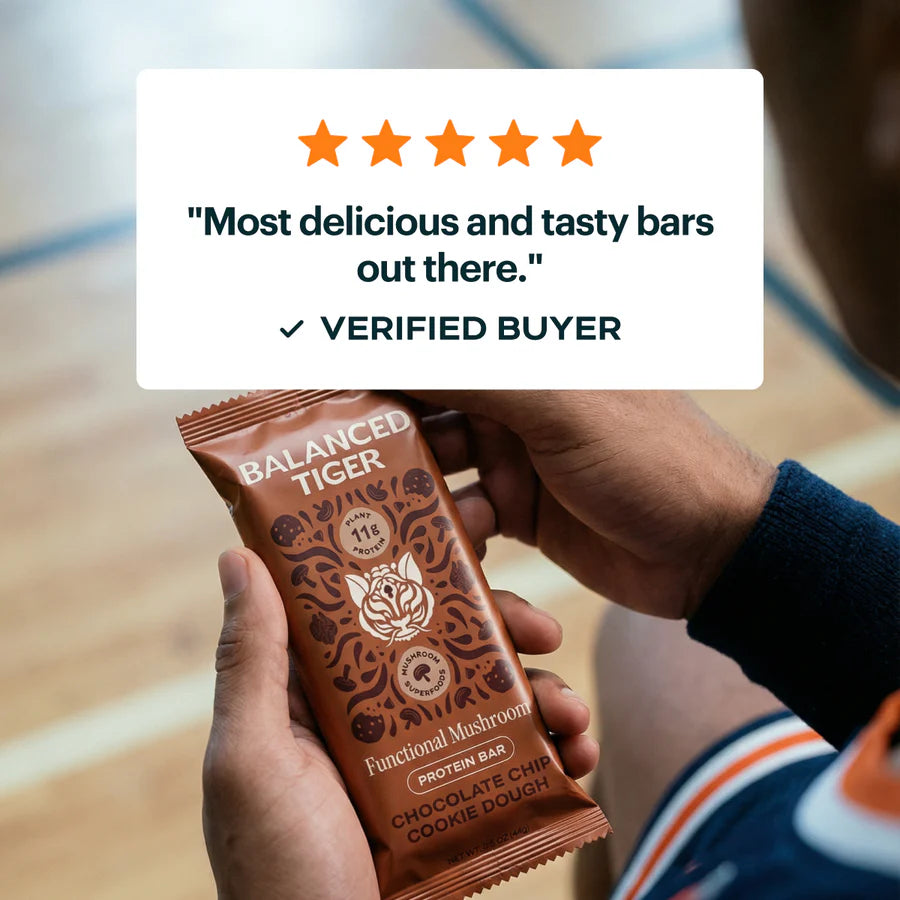 Balanced Tiger – Functional Mushroom Protein Bar – Chocolate Chip Cookie Dough – 12ct – 12 Servings