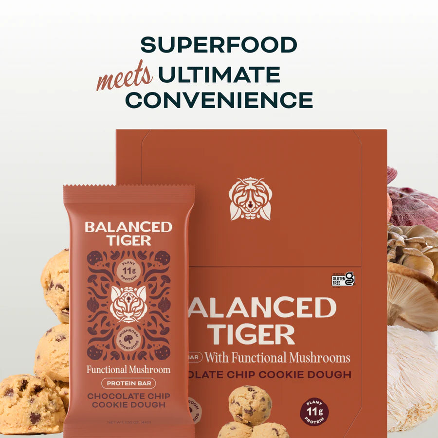Balanced Tiger – Functional Mushroom Protein Bar – Chocolate Chip Cookie Dough – 12ct – 12 Servings
