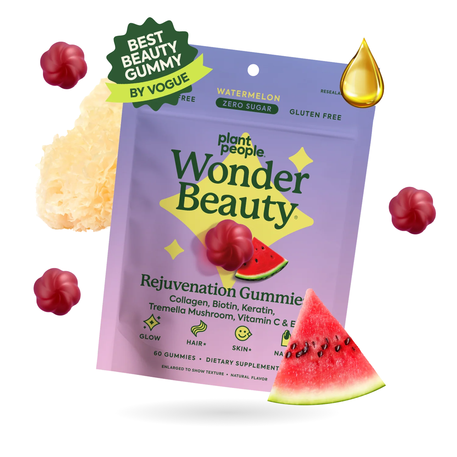 Plant People - WonderBeauty Mushroom Gummies - Watermelon - 60ct - 300mg per serving - 30 Servings
