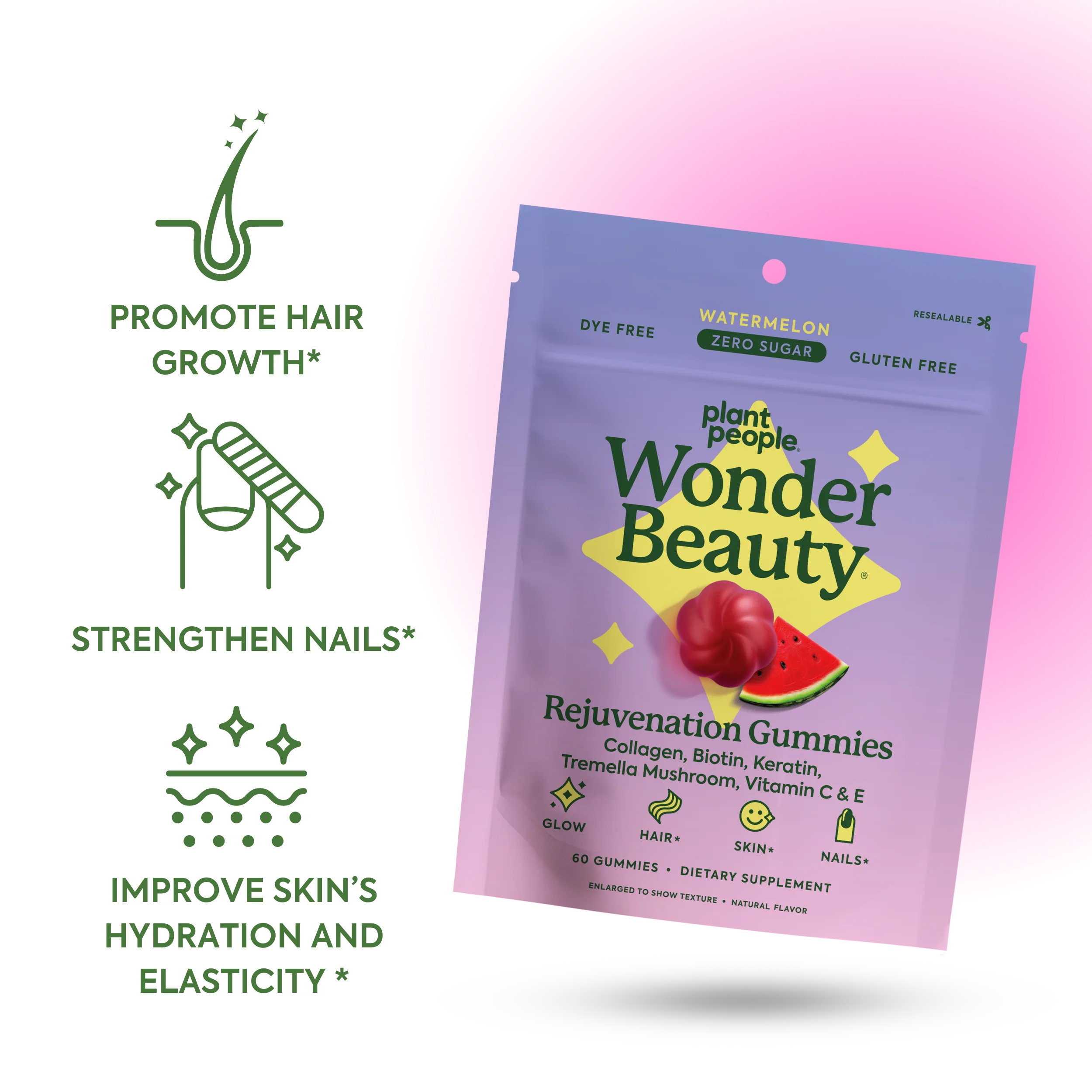Plant People - WonderBeauty Mushroom Gummies - Watermelon - 60ct - 300mg per serving - 30 Servings