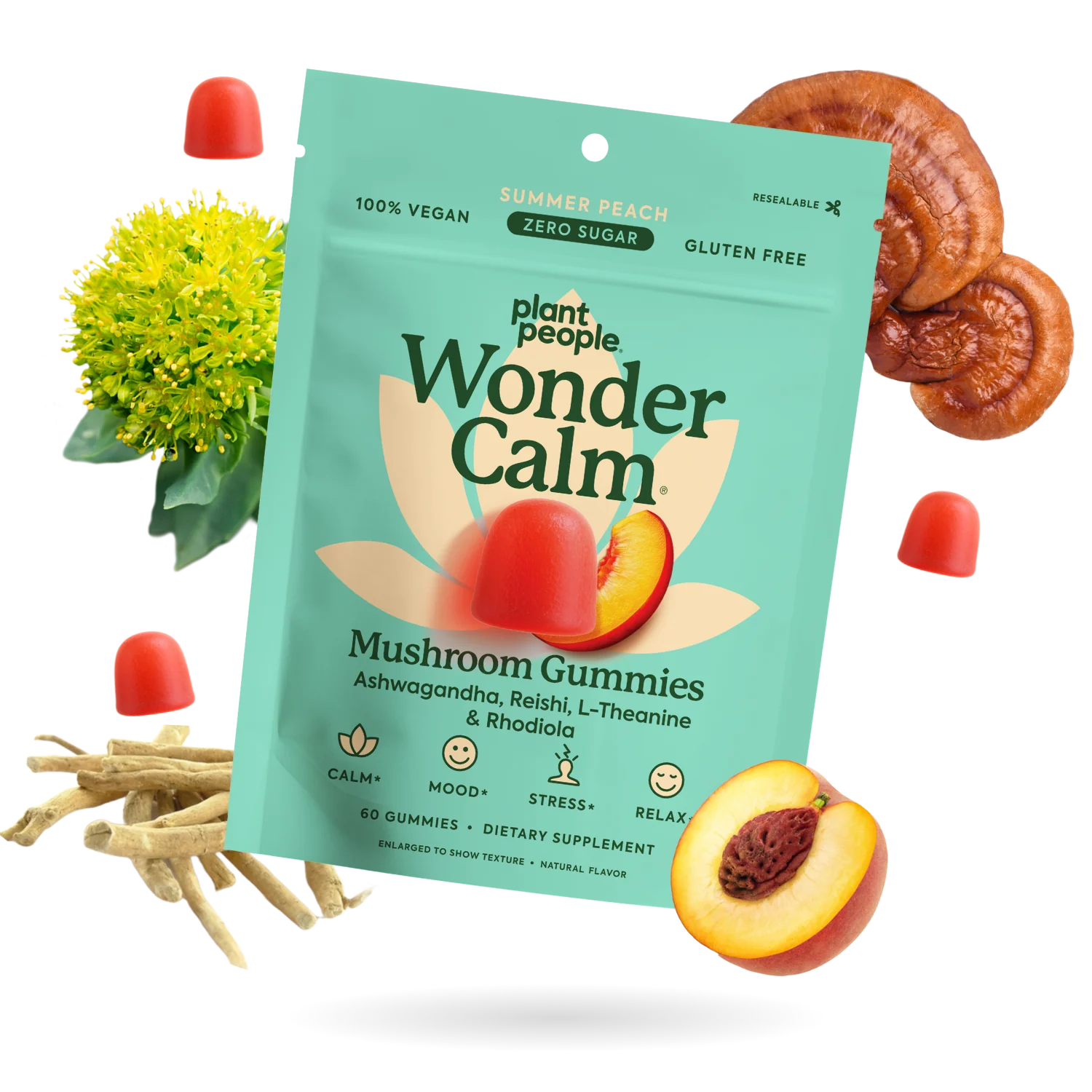 Plant People - WonderCalm Mushroom Gummies - Summer Peach - 60ct - 200mg per Serving - 30 Servings