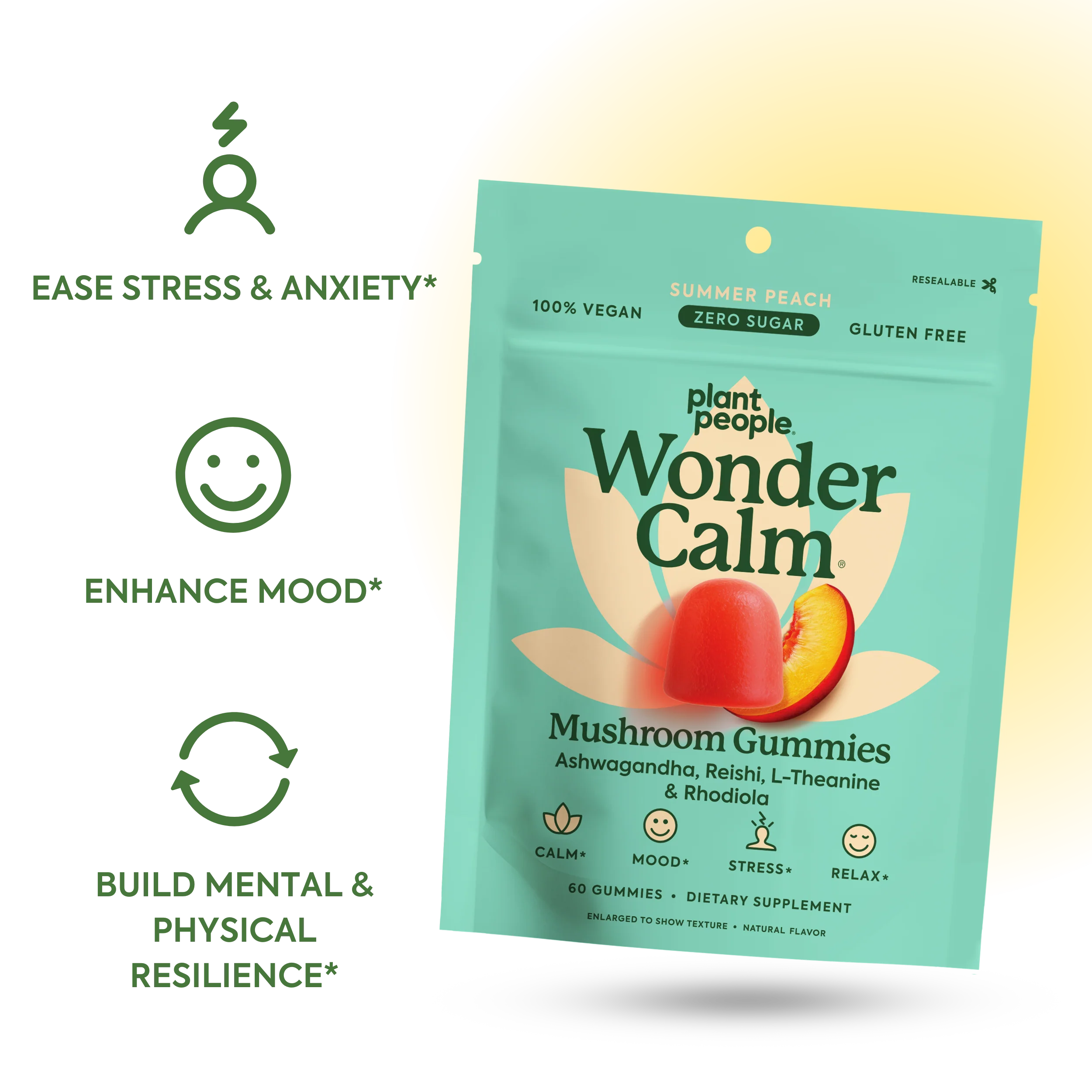 Plant People - WonderCalm Mushroom Gummies - Summer Peach - 60ct - 200mg per Serving - 30 Servings
