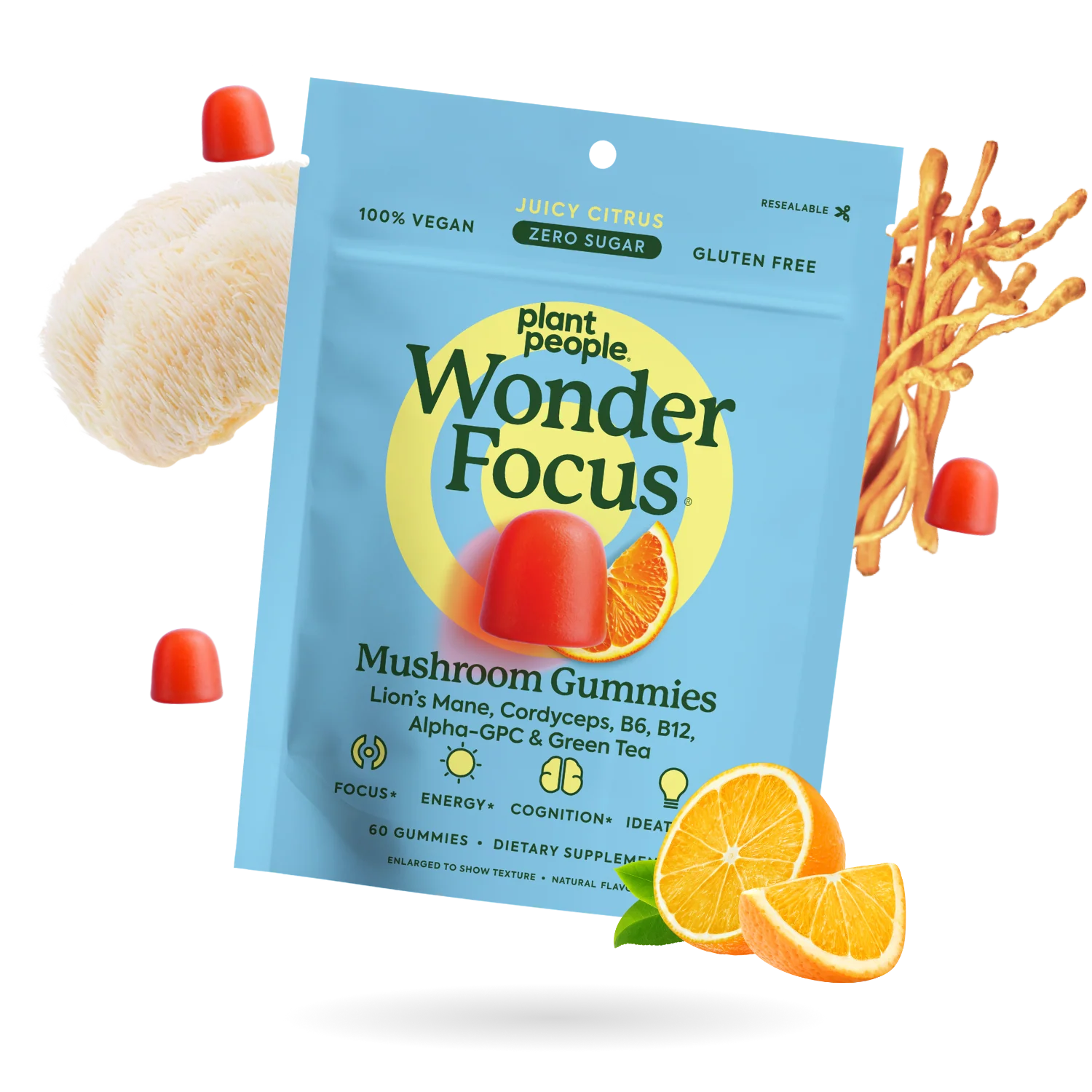 Plant People - WonderFocus Mushroom Gummies - Juicy Citrus - 60ct - 300mg per Serving - 30 Servings