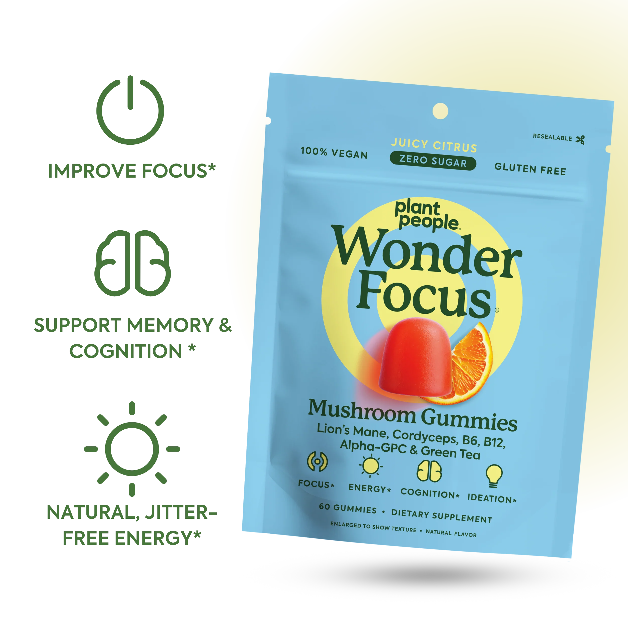 Plant People - WonderFocus Mushroom Gummies - Juicy Citrus - 60ct - 300mg per Serving - 30 Servings