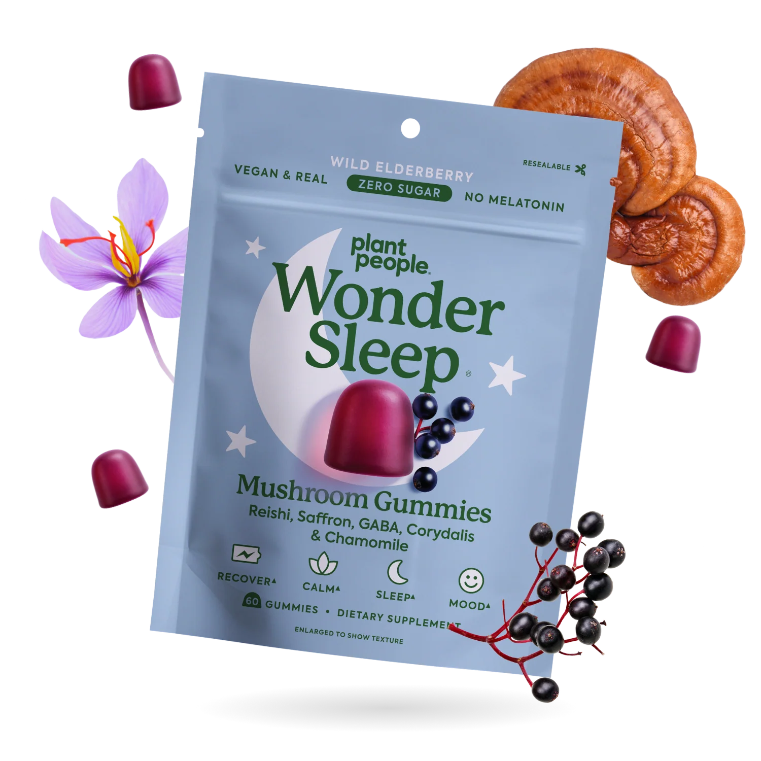 Plant People - WonderSleep Mushroom Gummies - Wild Elderberry - 60ct - 510mg per Serving - 30 Servings