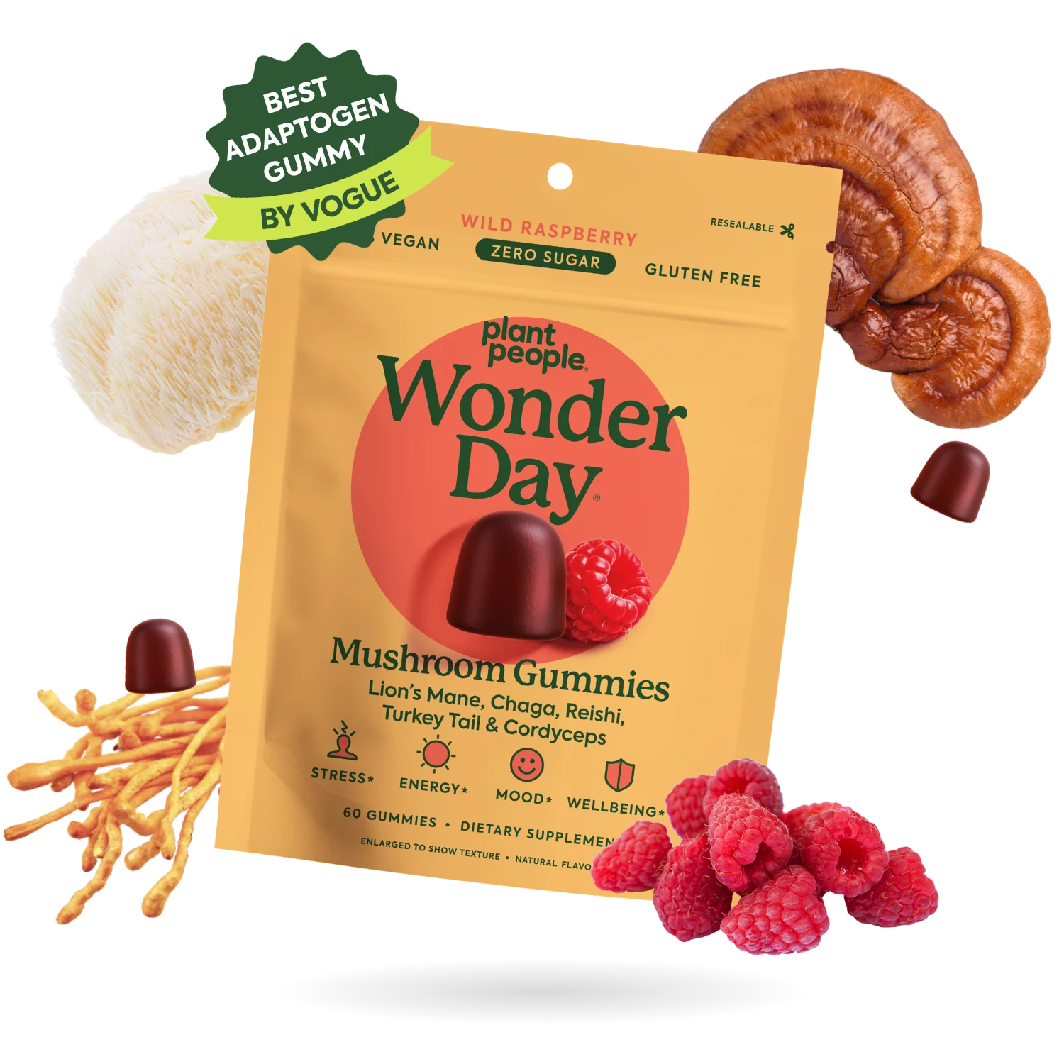 Plant People - WonderDay Mushroom Gummies - Wild Raspberry - 60ct - 2500mg per Serving - 30 Servings
