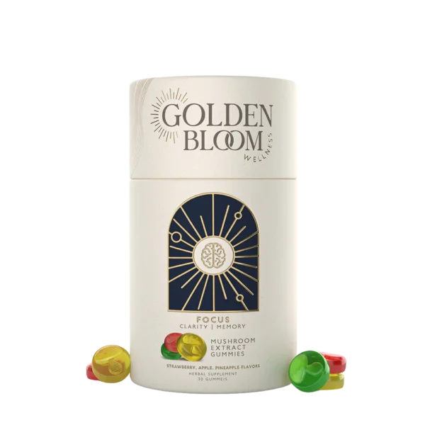 Golden Bloom Wellness – Focus Lion's Mane + Cordyceps Mushroom Gummies – Assorted Fruit – 30ct – 30 Servings