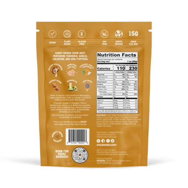Pan's Mushroom Jerky - Curry Mushroom Jerky - Shiitake - 62g - 2 Servings - Image 6