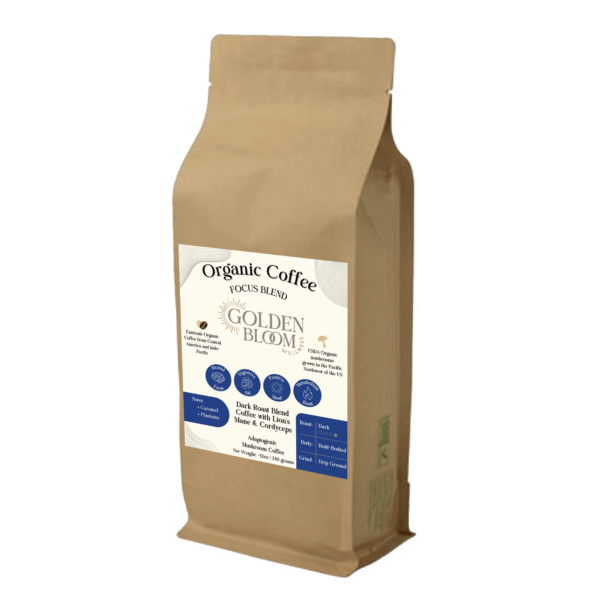 Golden Bloom Wellness - Organic Coffee Focus Blend - Lion's Mane + Cordyceps - Dark Roast - 12oz - 15 Servings