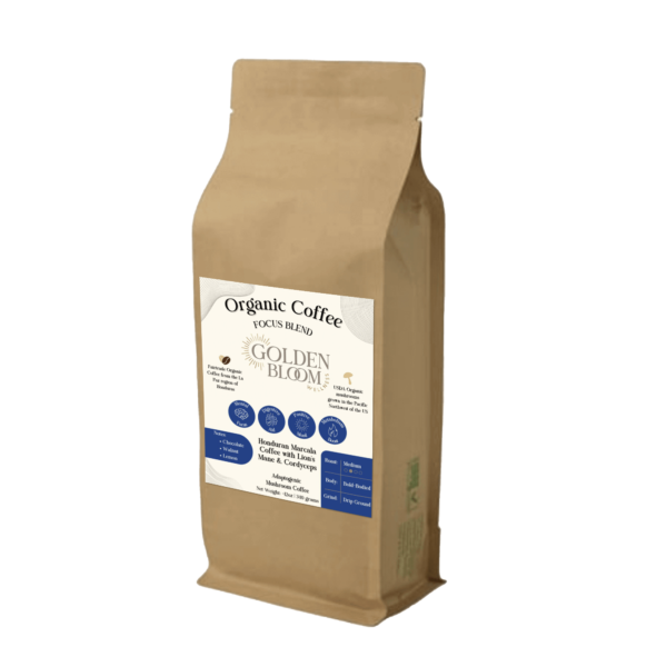 Golden Bloom Wellness - Organic Honduran Marcala Coffee - Lion's Mane + Cordyceps - Medium Roast - 12oz - 15 Servings